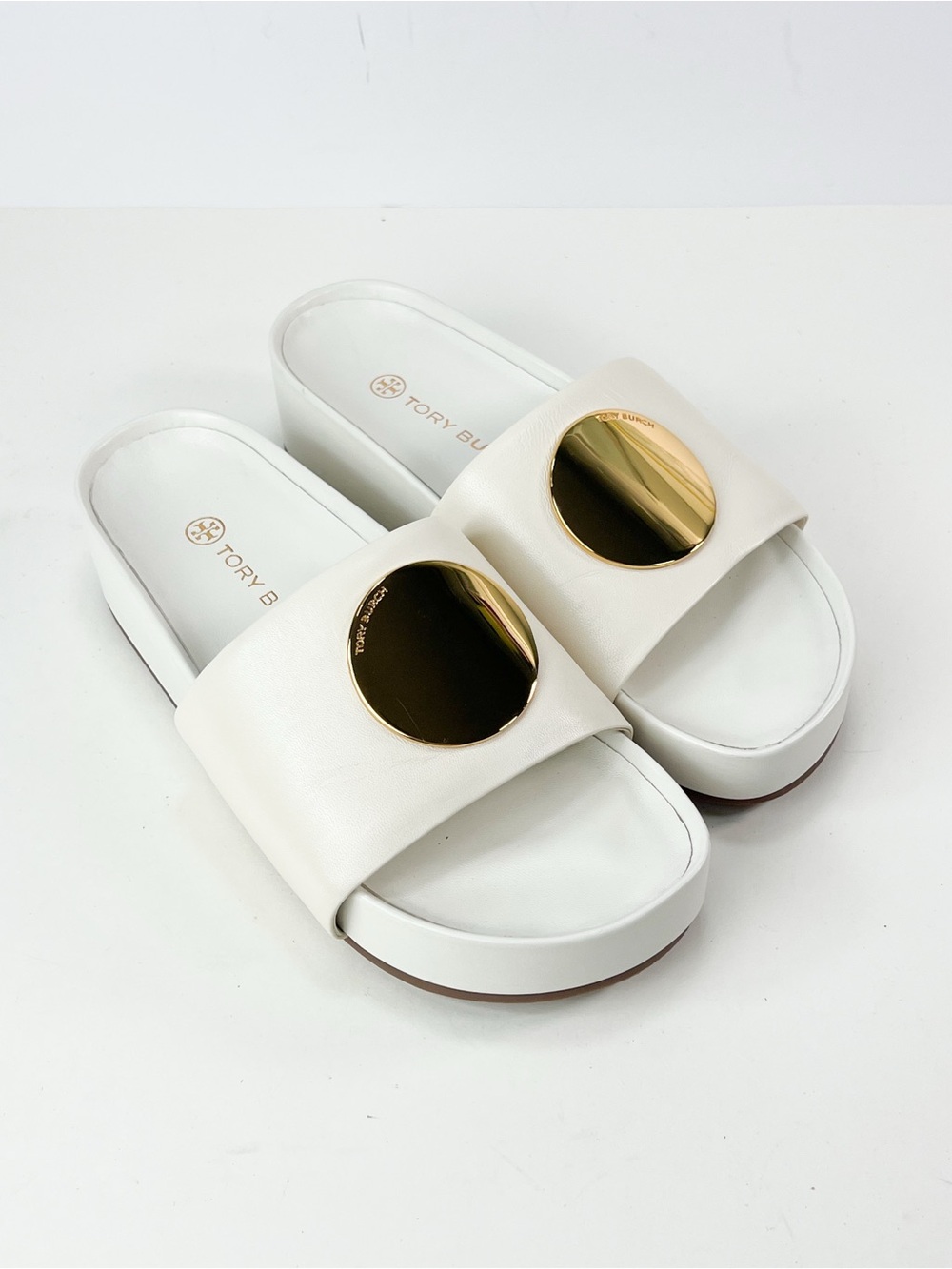 Tory Burch Patos Slides Ivory Leather Platform Sandal size 7.5